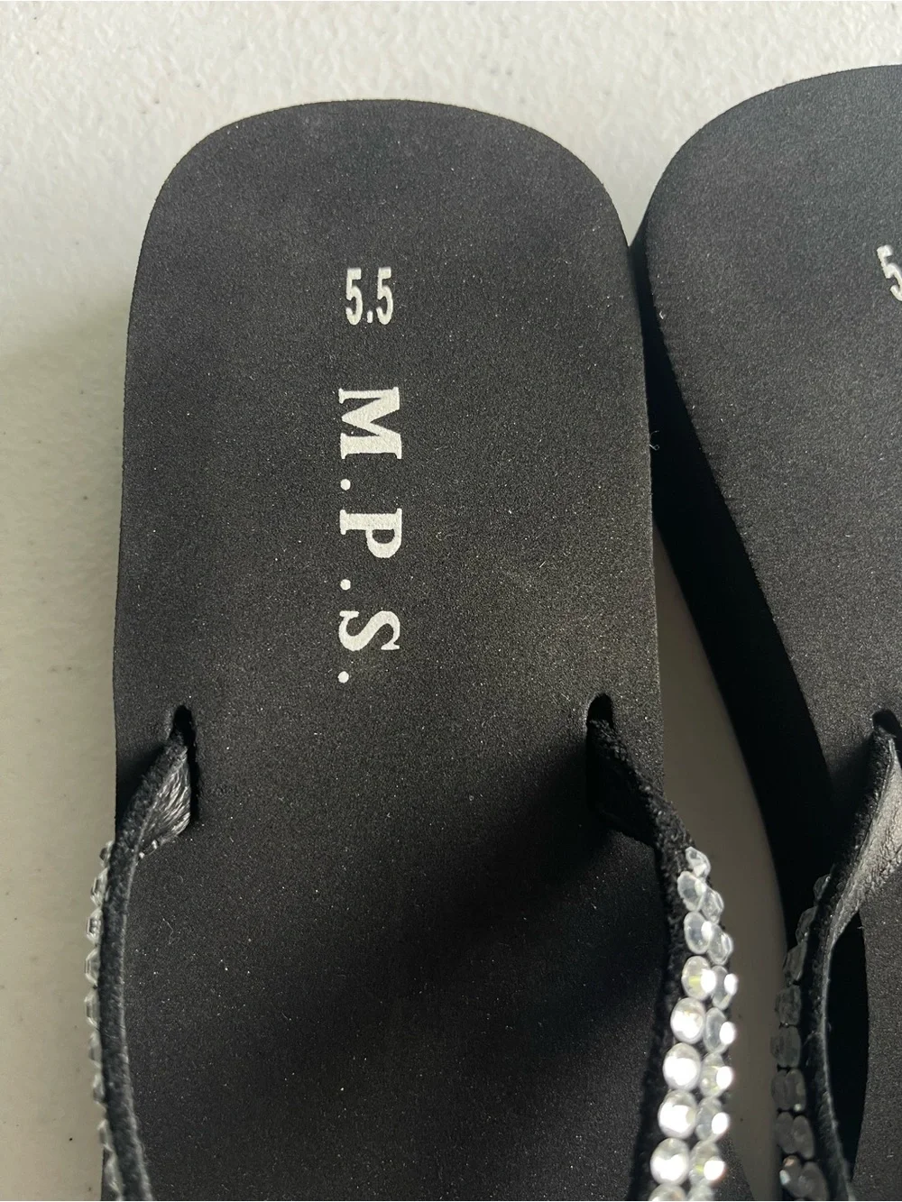 M.P.S. Size 5.5 Rhinestone Wedge Flip Flops Black Silver Y2K Sandals